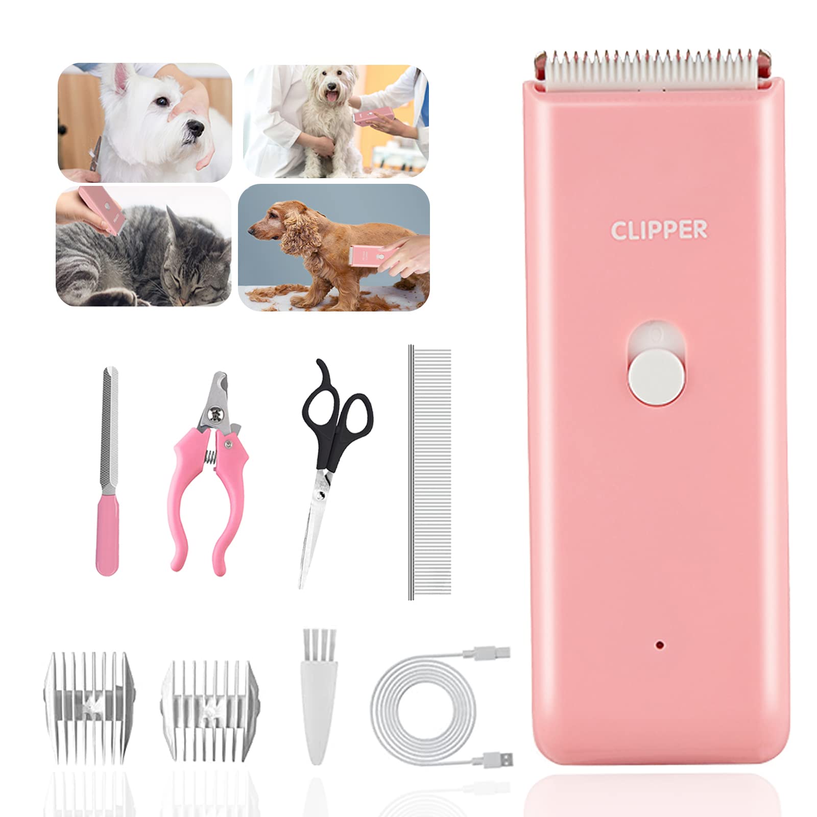 Dog Grooming Kit Electric Pet Paw Trimmer Low Noise Cordless Dog Clippers for Home Cat Hair Grooming,Waterproof Pet Grooming Tools with 9-Pieces (Pink)