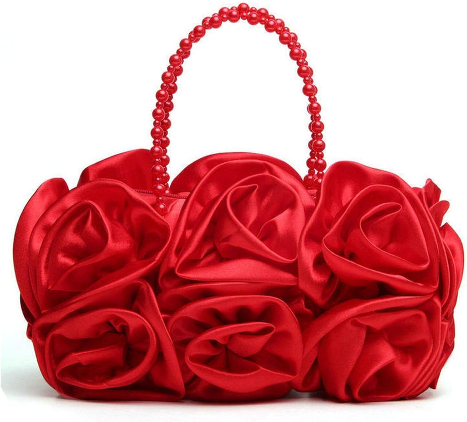 Red Flower Rose Bush Women Satin Evening Purse Beaded Handle Totes Bag