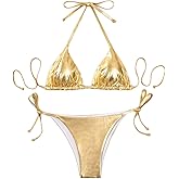 Falainetee Women's Metallic Shiny Bathing Suit High Waisted Triangle Tie Side Swimsuit Bikini Set
