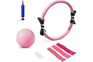 BYUSLOR Pilates kit containing a ring, small ball, and resistance bands laid out on a floor mat
