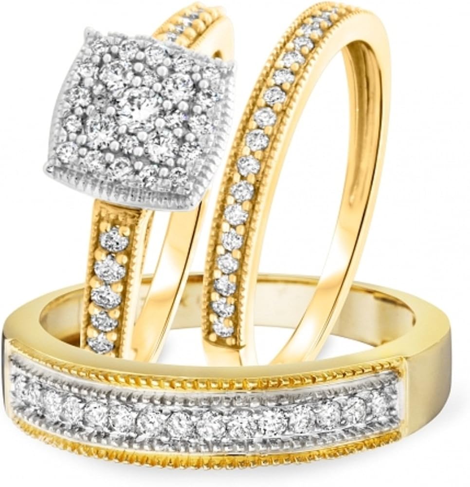 Vorra Fashion Juego de Anillos de Boda con Diamante Redondo para él y Vorra Fashion Juego de Anillos de Boda con Diamante Redondo para él y