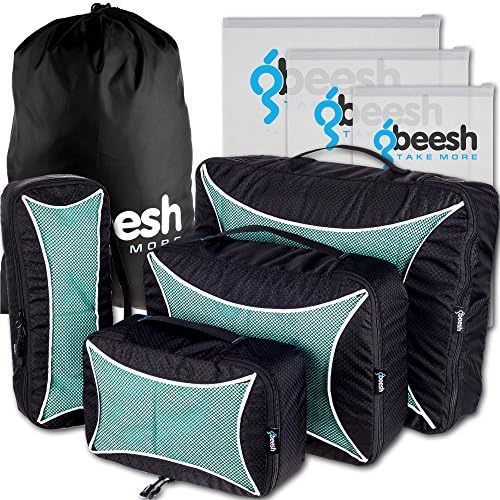 Travel Packing Cubes Set 4 Black Pack Luggage Organizer + Laundry Storage Bag + 3 Clear Toiletry Bags Kit