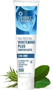 Desert Essence Tea Tree Oil Whitening Plus Toothpaste, 6.25 oz | Cool mint formula with baking soda, bamboo stem fiber and zi