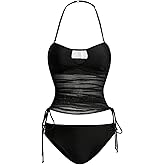 WDIRARA Women's Halter Tankini Set Cut Out Sheer Tie Side High Cut Swimsuit 2 Piece Bathing Suit