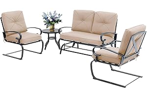 Incbruce 4Pcs Outdoor Metal Furniture Patio Conversation Sets (Glider, Bistro Table, 2 Spring Lounge Chairs) - Wrought Iron Outdoor Glider Chairs Sets (Brown)