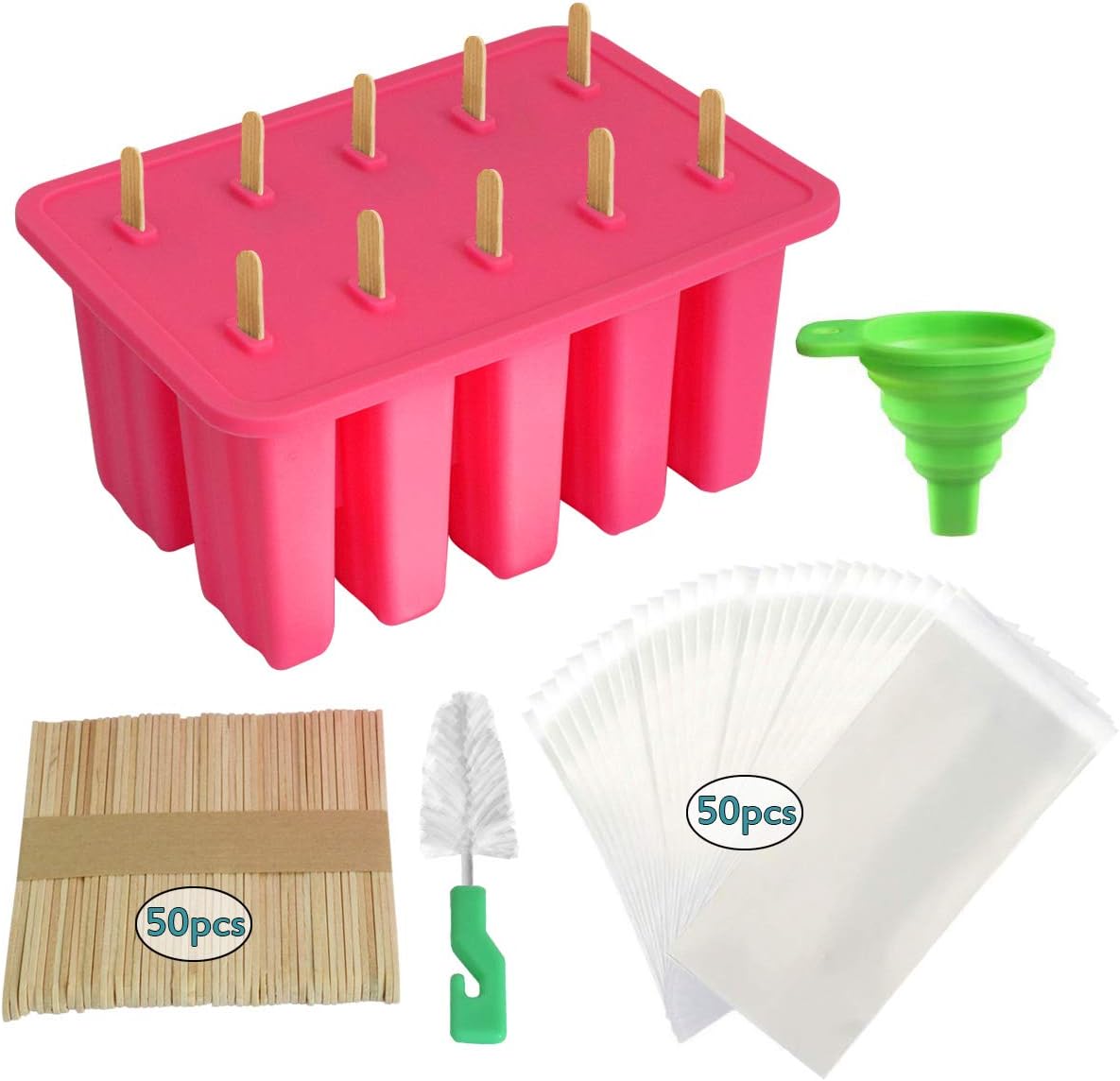 kingleder Reusable Easy Release Ice Pop Maker,Food Grade Silicone Popsicle molds,BPA Free Ice Popsicle Maker with 50 Popsicle Sticks,50 Popsicle Bags,Cleaning Brush