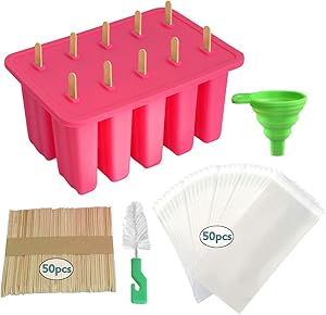 kingleder Reusable Easy Release Ice Pop Maker,Food Grade Silicone Popsicle molds,BPA Free Ice Popsicle Maker with 50 Popsicle Sticks,50 Popsicle Bags,Cleaning Brush