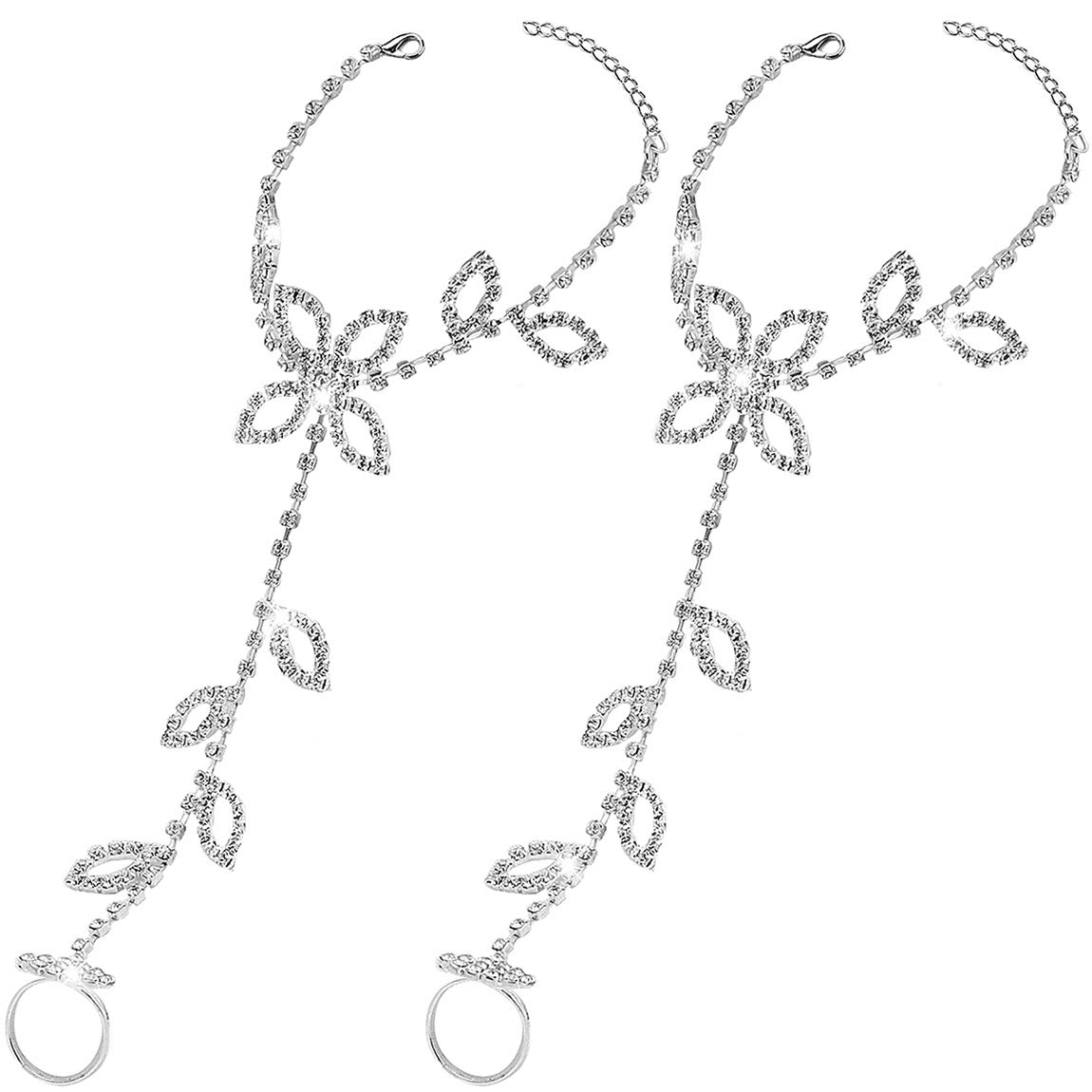 Wowanoo 2Pcs Finger Chain Flower Diamond Anklet Wedding Barefoot Anklets for Women Boho Finger Ring Sandals Bridal Jewelry Flower