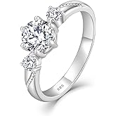 RGEMCY1 Carat Ladies Moissanite Engagement Ring, S925 Sterling Silver 6 Claw 3 Stone Moissanite Promise Ring, D Color VVS1 Clarity Brilliant Round Cut Wedding Band Moissanite Ring