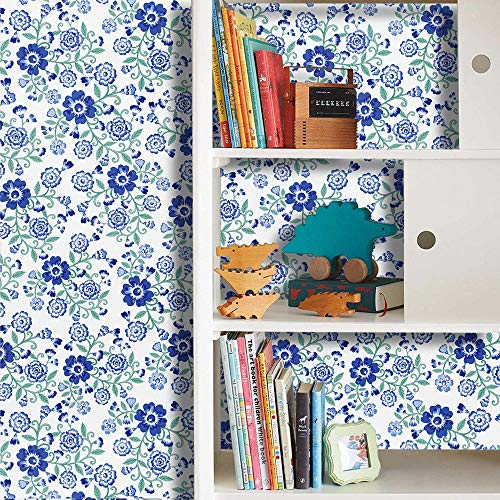 Blue Self Adhesive Contact Paper Floral Peel and Stick Wallpaper Removable Wall Paper 17.7"x118