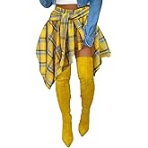 YBSKG Womens Plaid Skirts Elastic High Waist Tie Front Asymmetrical Hem Pleated Mini Skirt