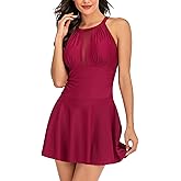 PrettyFirst Women One Piece Swim Dress Tummy Control Swimdress Swimsuit Bathing Suit High Neck Mesh Swimwear