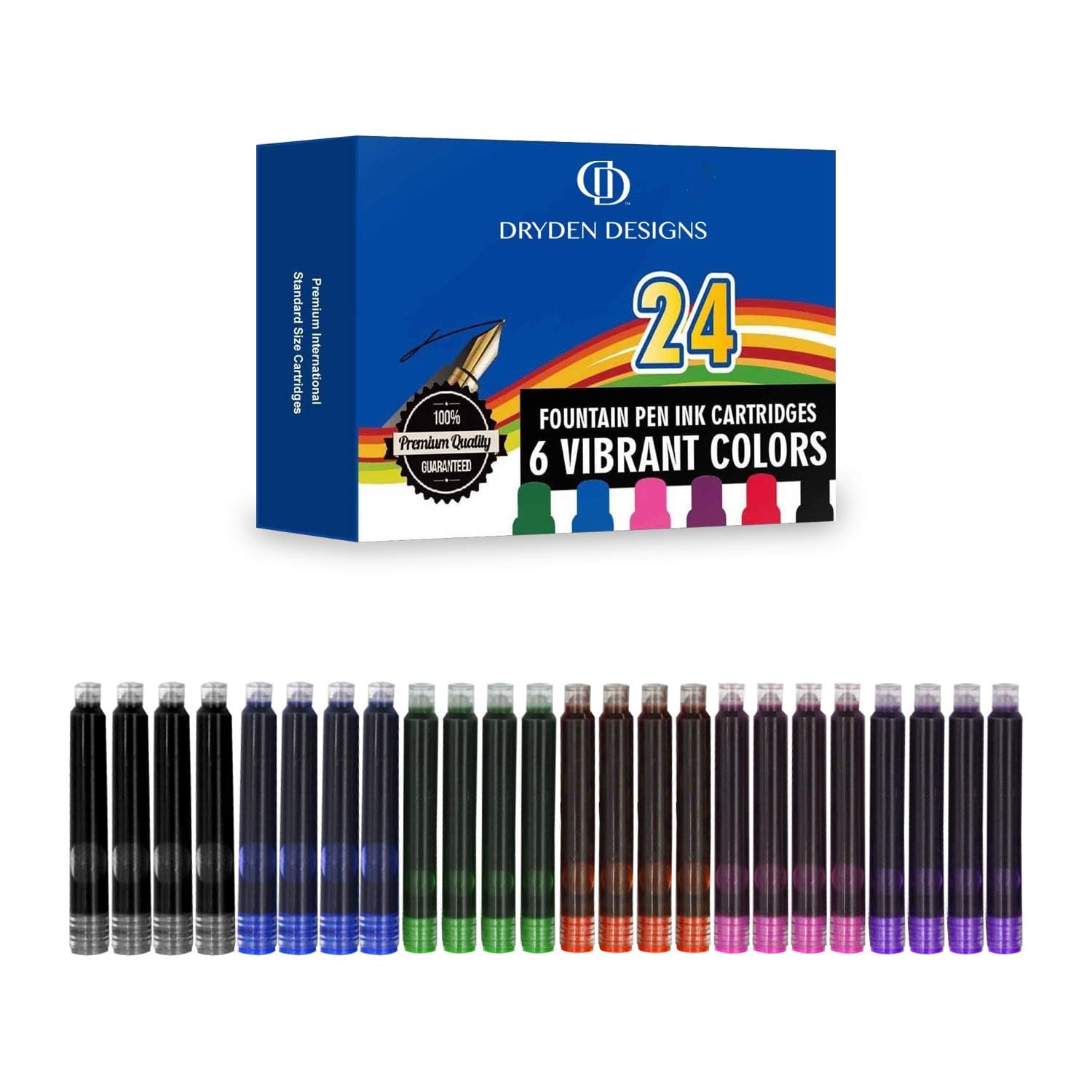 Dryden Designs Fountain Pen Ink Cartridges - Assorted Colors: Black, Blue, Green, Purple, Red, Pink - Short International Standard Size - Disposable and Generic Ink Refill Cartridges