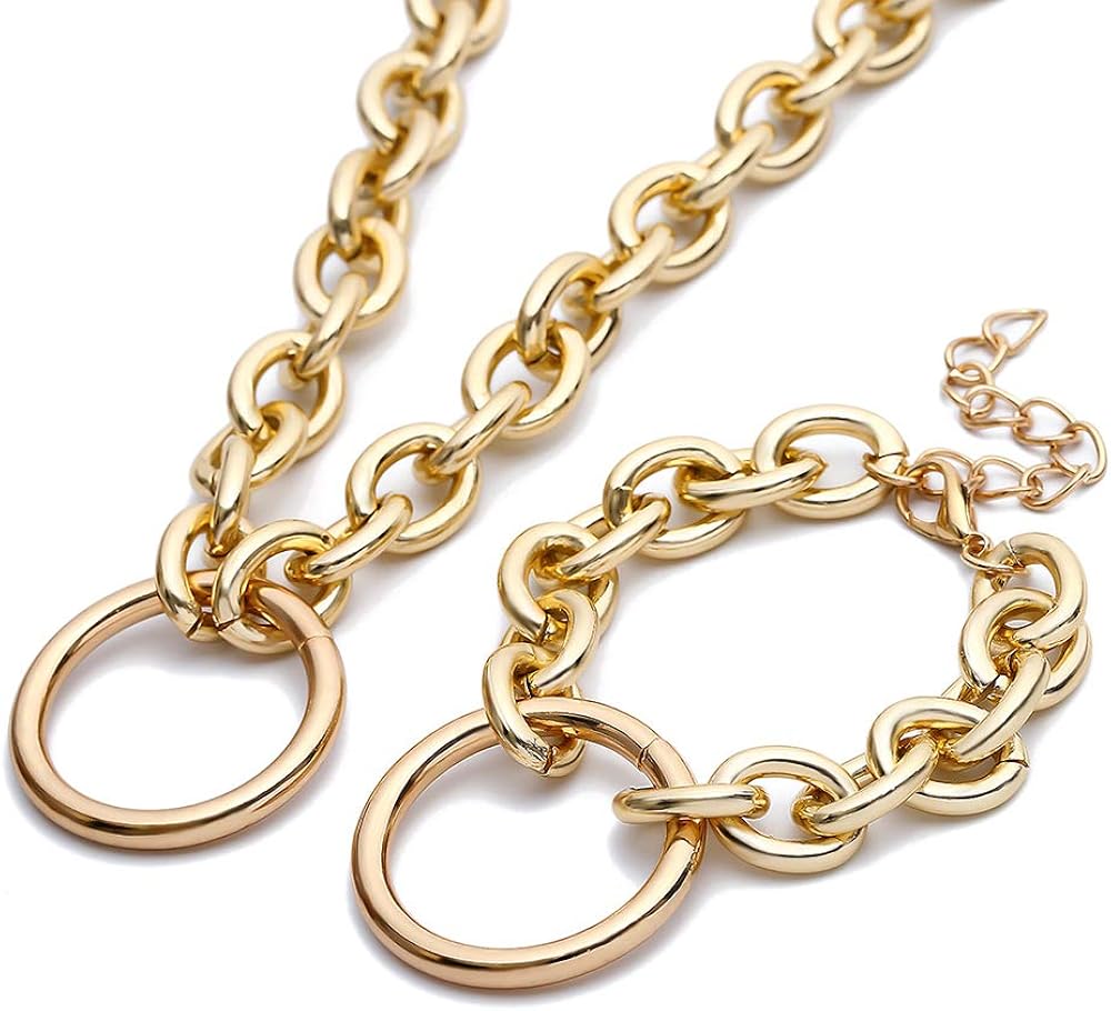 Huture Retro Punk Style Hip Hop Costume Jewelry Snake Curb Turnover Chain Necklace Bracelet Set Fully Adjustable Durable Strong Removable Delicate for Men Women, Gold : Clothing