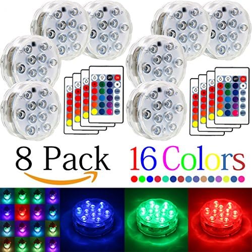 Lhomeled Submersible LED Light,10-LED RGB Waterproof Battery Powered Lights with IR Remote Controller for Aquarium, Vase Base, Swimming Pool, Garden, Party, Christmas, Halloween,Home Decoration.8 Pack