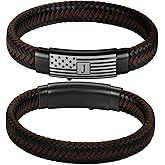 KLIFOWDY Easter Basket Stuffers-Leather Bracelet for Mens American Flag Genuine Leather Bracelet for Men Initial Bracelet Jewelry Gift for Men