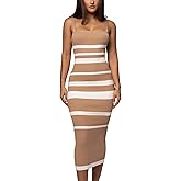 CutieLove Women's Casual Sleeveless Striped Bodycon Midi Dress Square Neck Ribbed Knit Dresses