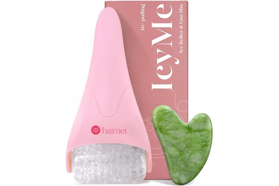 BAIMEI IcyMe Ice Roller for Face and Gua Sha Facial Tool Set, Ice Face Roller Reduces Puffiness Relieves Migraines Skin Care Tools, Self Care Gift for Women – Pink