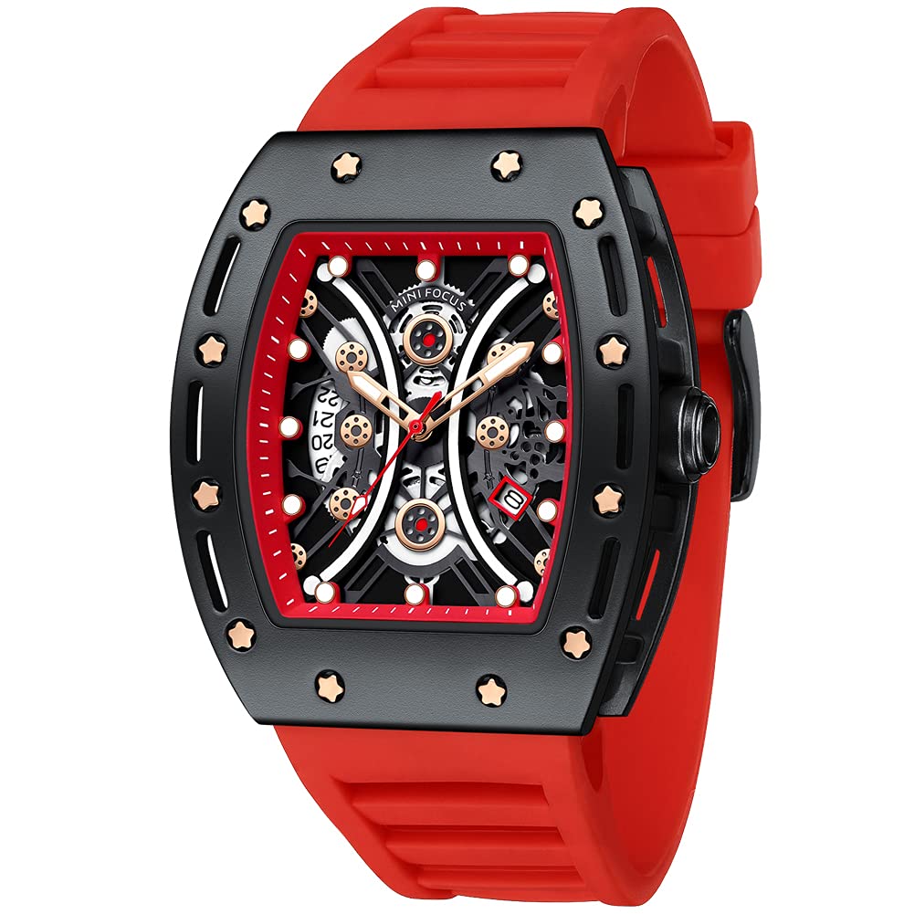 Reloj MF MINI FOCUS para hombre Reloj de pulsera Moda Hueco Esfera grande Luminoso Impermeable Deporte Analógico Cuarzo Negocios Relojes para hombre Reloj de vestir con correa de silicona roja