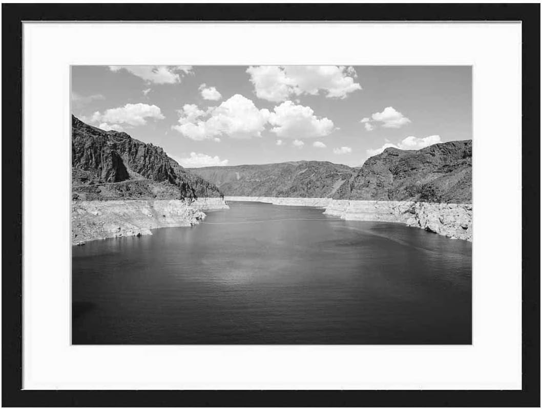 Wood Framed Canvas Artwork Home Decore Wall Art (Black White 20x14 inch) - Dam Hoover Dam Reservoir USA America Nevada Lake