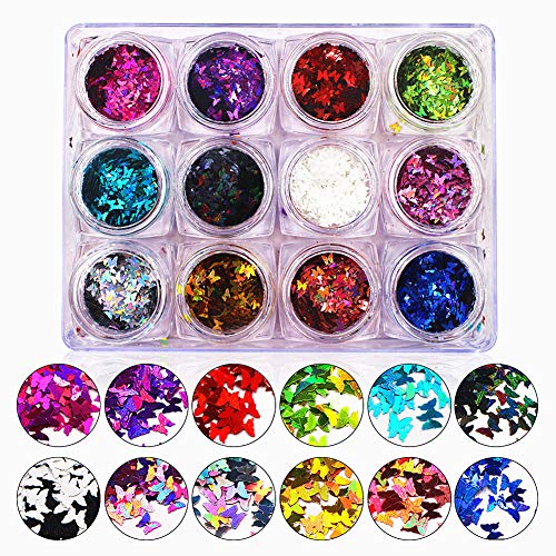 12 Colors Butterfly Shape Nail Flakes Holographic 3D Paillettes Butterfly Glitter Sequins Nail Art Decoration DIY Separate Box