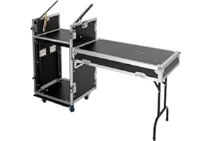 KREIAOER 14U PA DJ Pro Audio Rack Road Case with 11U Slant Mixer Top, DJ Work Table and Casters, DJ Mixer Rack, Pro Tour Grade