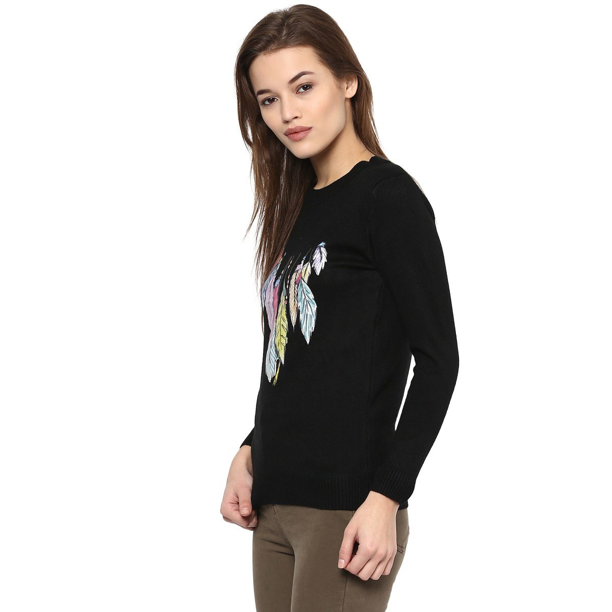 camey women's fashion stretchy round neck black long sleeve pullovers sweaters top