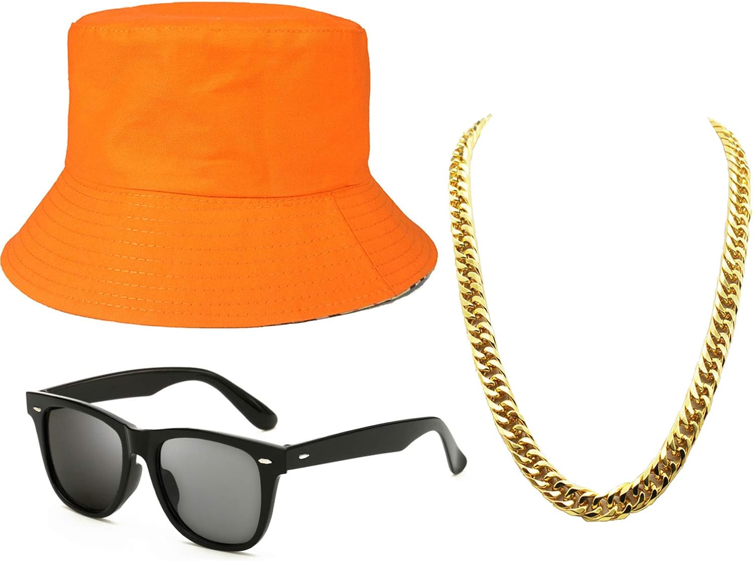 80s/90s Hip Hop Costume Kit Cotton Bucket Hat,Gold Chain