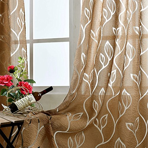 Yiwa Luxury Fashion Jacquard Leaf Semi-blackout Curtain Drape for Home Hotel Decoration Brown 100X200CM rod Pocket 1PC