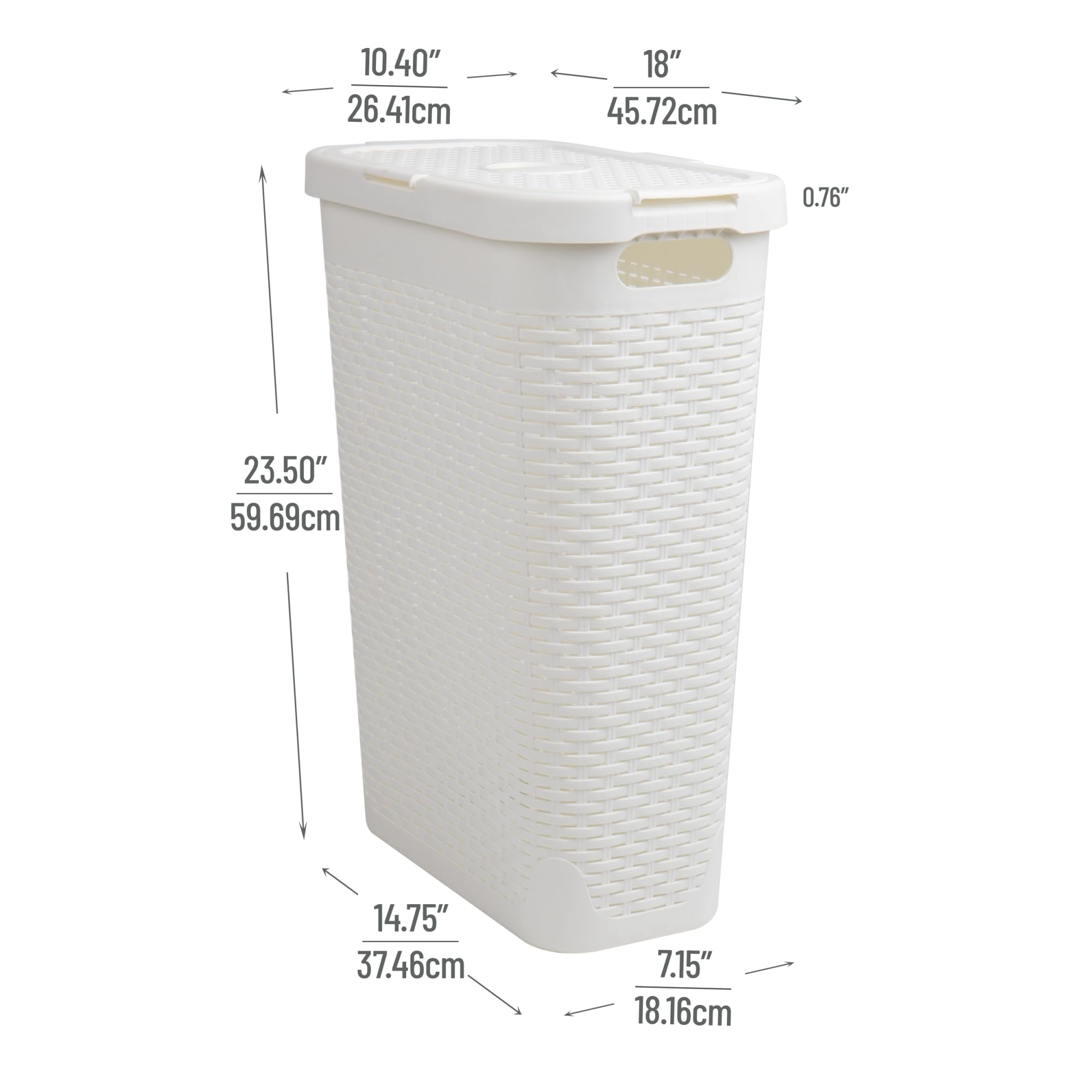 Mind Reader Slim Laundry Hamper with Lid, 40L Clothes Basket, Premium Wicker Design, Plastic, White