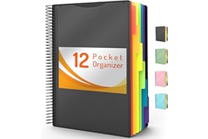 12 Pocket Project Organizer, Forvencer 1/6-cut Tab Binder Organizer with Sticky Labels, Multi Pocket Folder with Zipper Pouch, Folder Binder Spiral Pocket Notebook, Office Supplies, Letter Size, Black