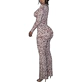 acelyn Women Sexy 2 Piece Sets Mesh Print Long Sleeve Crop Tops and Flare Pants Outfits Y2K Going Out Club Jumpsuit