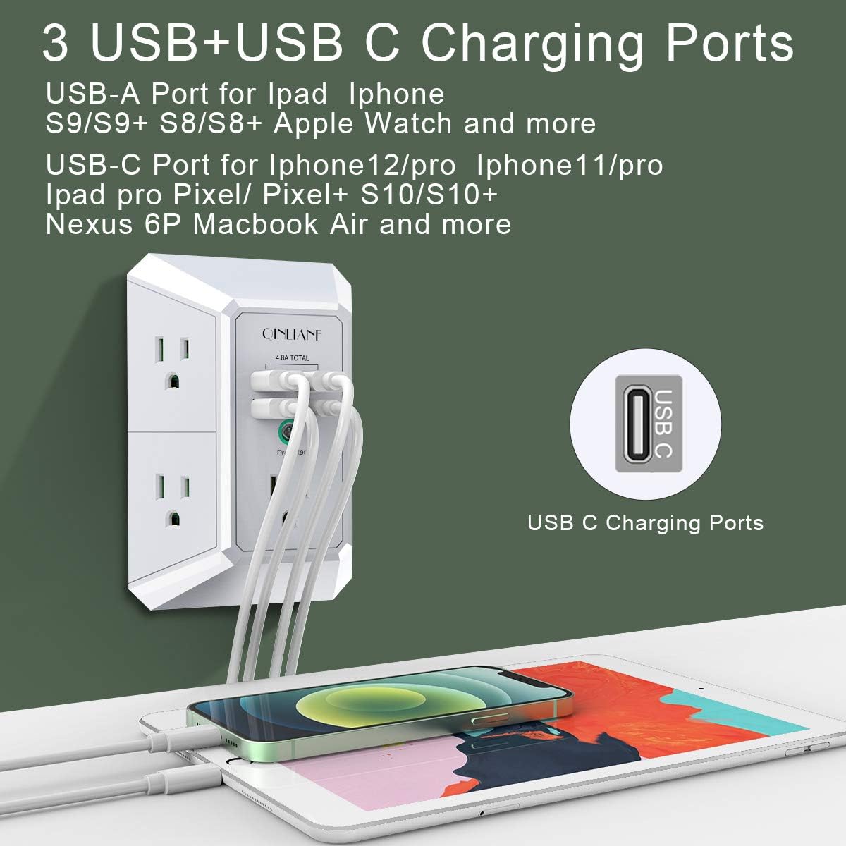 USB Wall Charger, Surge Protector, QINLIANF 5 Outlet Extender with 4 USB Charging Ports ( 4.8A Total) 3-Sided 1680J Power Strip Multi Plug Outlets Wall Adapter Spaced for Home Travel Office (3U1C): Electronics