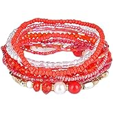 Pingyongchang Bohemian Stackable Bead Bracelets for Women Multilayer Stretch Bangles Bracelet Set Handmade Multicolor Crystal Beaded Bracelets Set Boho Charms Jewelry