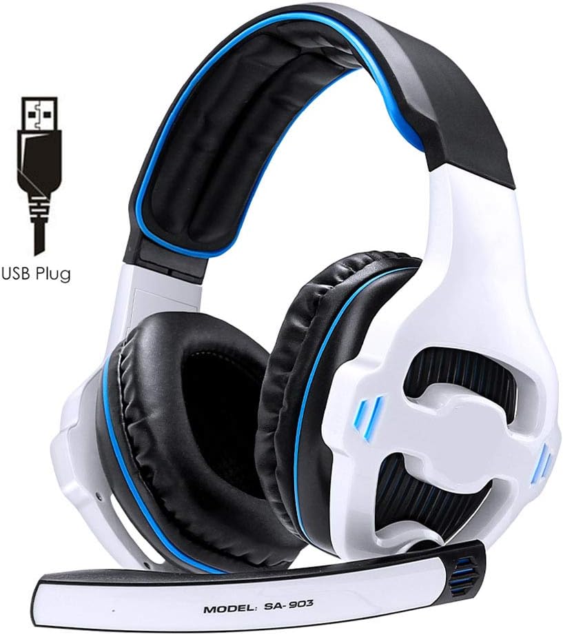 MYLJX Gaming Headset, Professional Around-Ear 3.5mm Over Ear Headset,Virtual 7.1 Surround Sound Headphone with LED Micphone Bass Noise Cancelling Earphone for Games Player-White