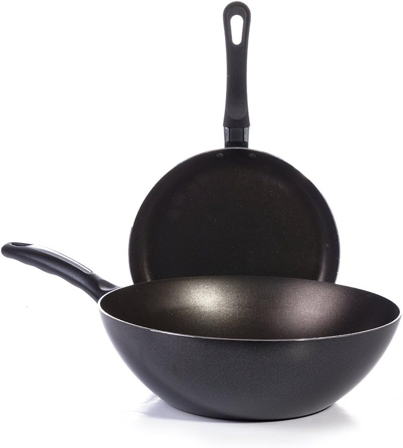 Essenso Bronx Nonstick 2 Piece 11โ Stir-Fry Wok and 8.7โ Crepe Pan Set, Dishwasher Safe, Black