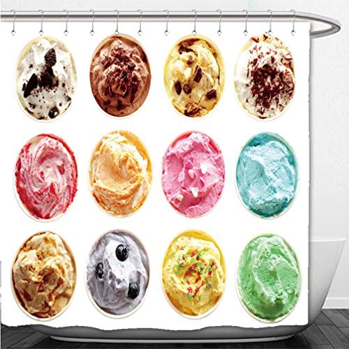 Interestlee Shower Curtain overhead view of rows of twelve different tubs of colorful assorted flavors of ice cream with 288114701