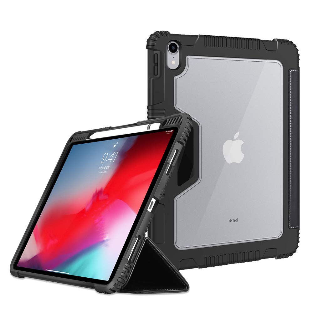 Bigphilo [SPA Series] Clear Case for iPad Pro 12.9 inch (2018), Vegan Leather iPad Pro 12.9 Case [Pencil Holder] [Apple Pencil Charging Supported], Heavy Duty Cover for 12.9" iPad Pro 3rd Gen, Black