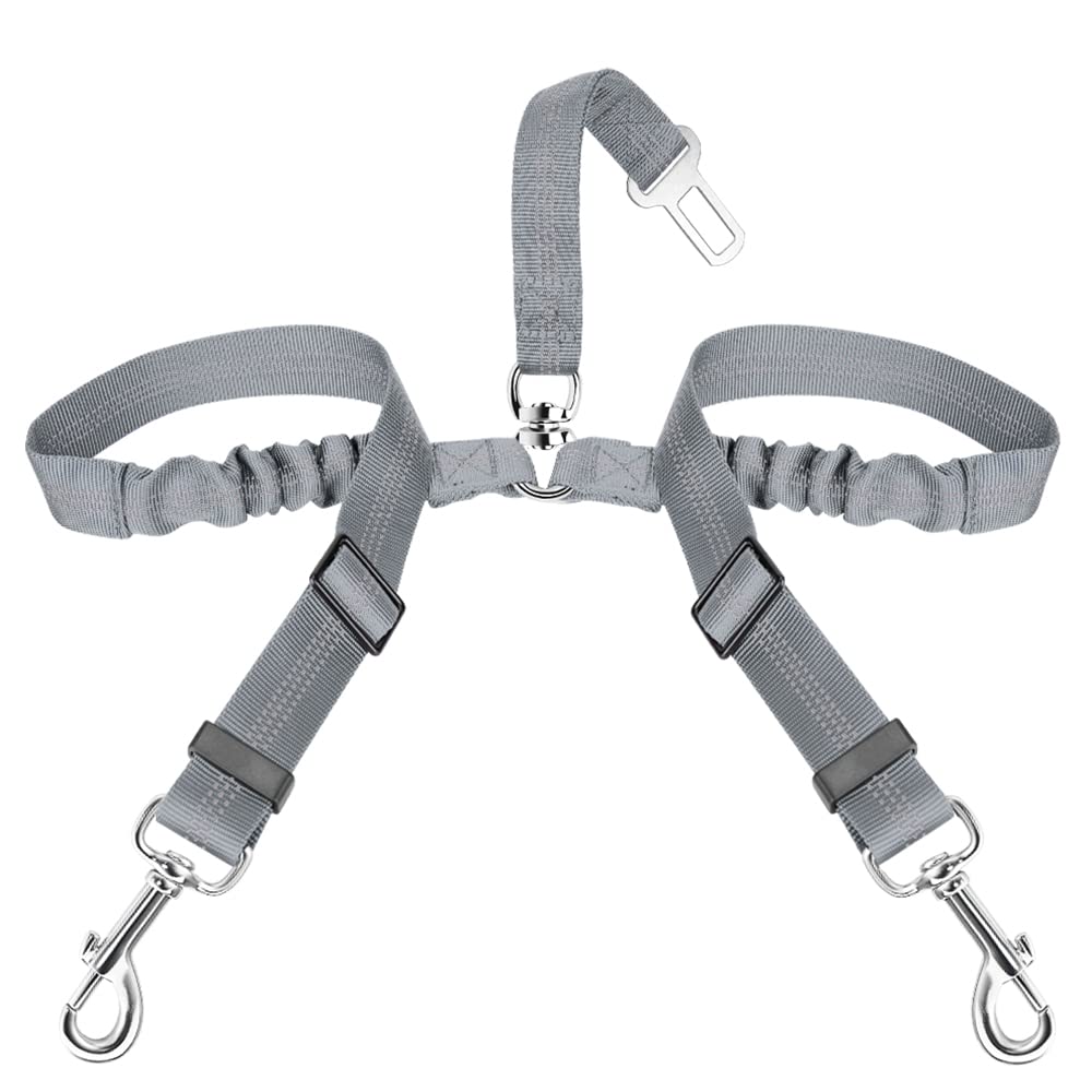 SlowTon Double Dog Seat Belt, Adjustable Elastic Dog Car Harness Seatbelt with Anti-Shock Bungee Buffer, Heavy Duty Reflective Puppy Cars Restraint Pet Safety Belts Clip