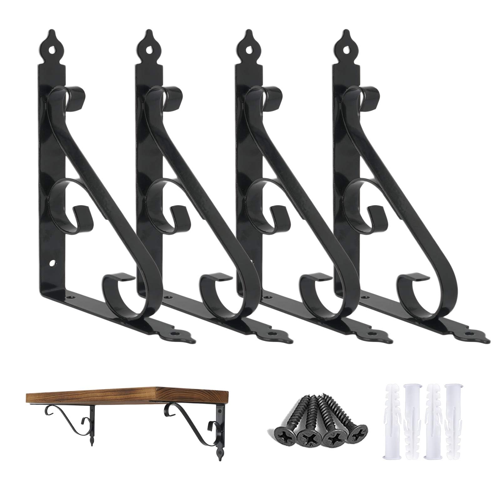 Ouvin Decorative Wall Shelf Brackets 4 Pack 12inch Heavy Duty L Corner Brace Shelf Support Floating Metal Brackets with Screws (300 mm/12 inch) Black — image 1