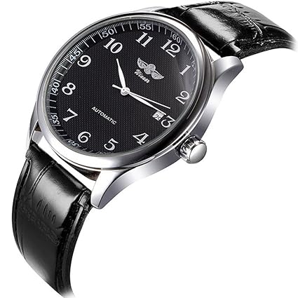 Mens Watches Automatic Mechanical Black Dial Leather Strap Wrist Watch