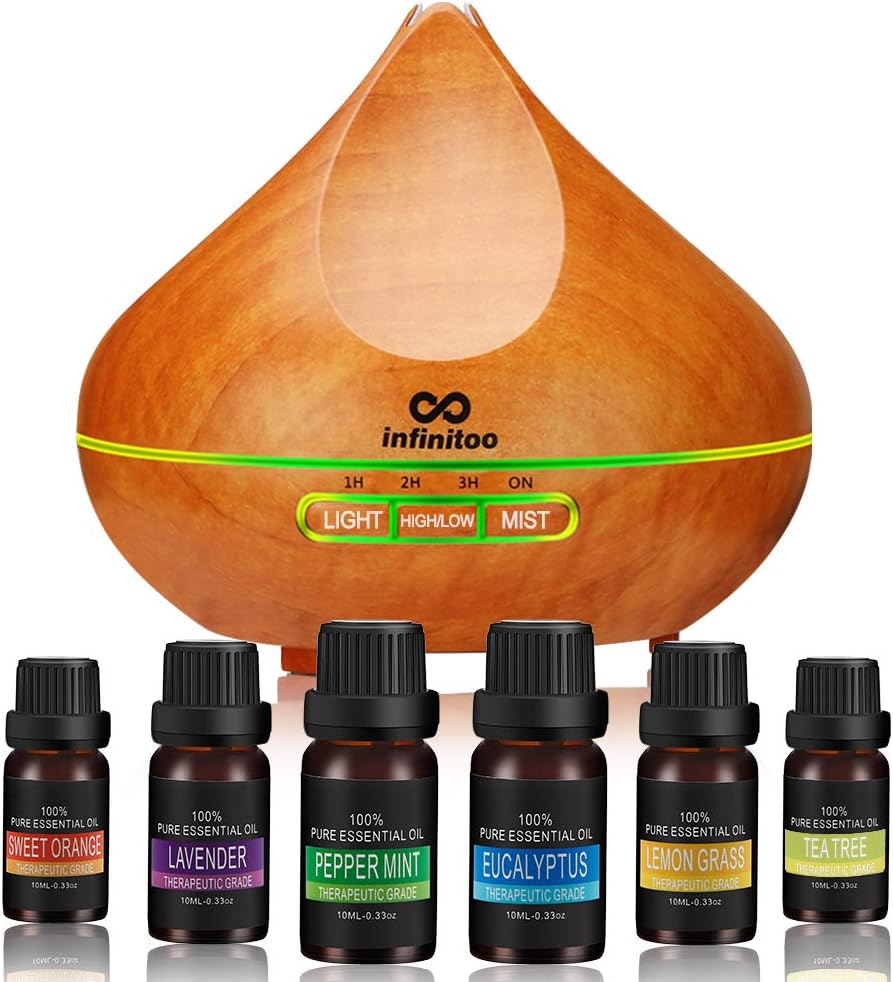 Essential Oils Diffuser Aromatherapy, Ultrasonic Aroma Diffuser Cool Mist Humidifier, 300ml Wood Grain for Yoga, Office, Spa, Bedroom, Room Auto Shut-Off, 4 Modes Time Setting