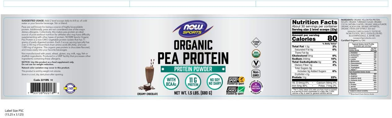 NOW Sports Nutrition, Certified Organic Pea Protein, 11G With BCAAs, Creamy Chocolate Powder, 1.5-Pound: Health & Personal Care