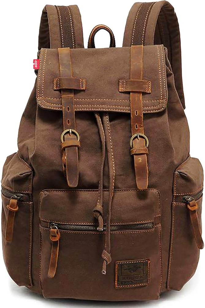 Vintage Canvas Backpack, HuaChen Mens Travel Rucksack for Laptop Hiking School Bookbag