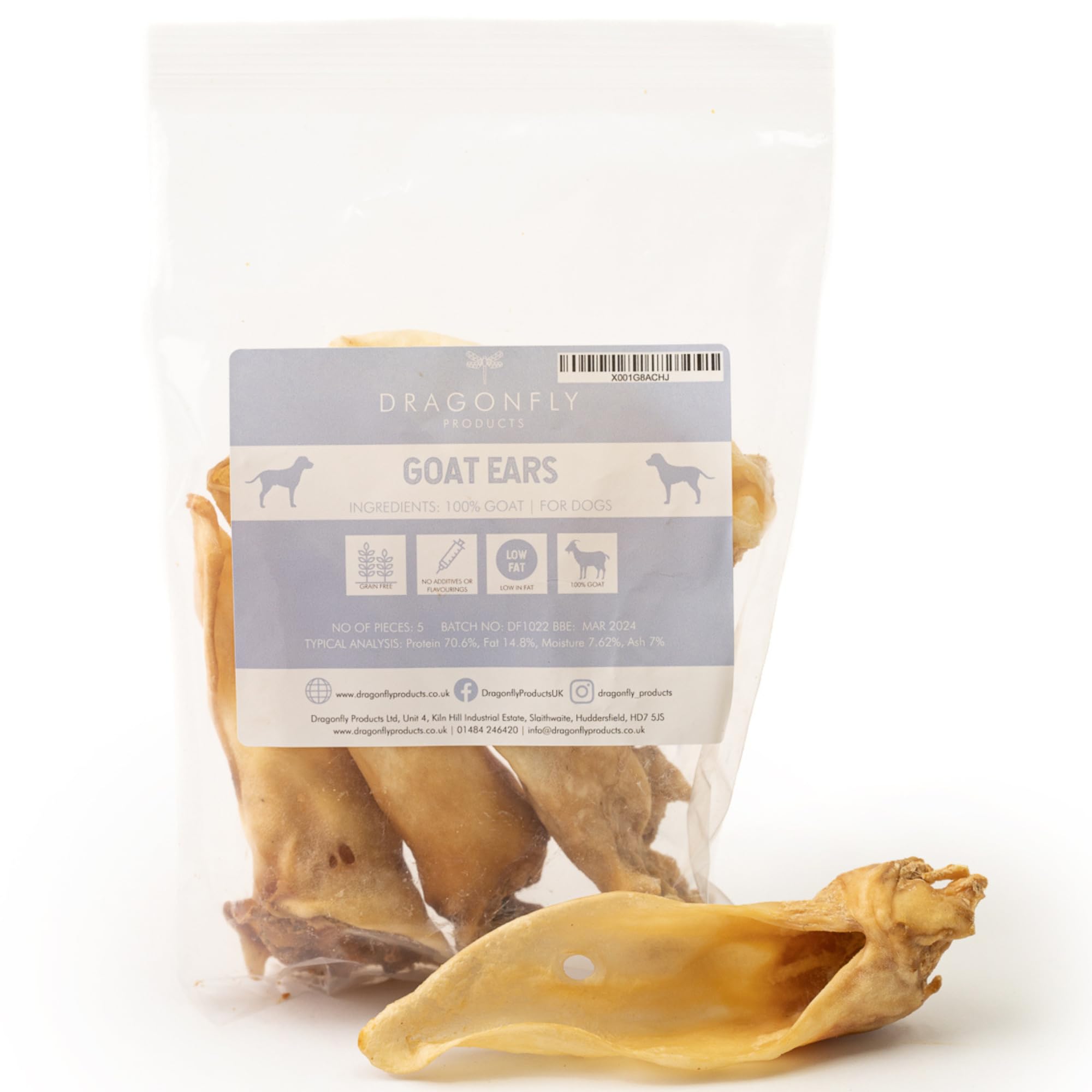 Dragonfly Products - 5 Pieces Dried Goat Ears Dog Treats | Natural Grain Free | Hypoallergenic & Low Fat | 100% EU | Dental Health | Gluten Free Whole Goat Ear Chew