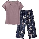 HONG HUI Women's Capri Pajama Sets Plus Size Sleepwear Top with Capri Pants 2 Piece Sleep Set