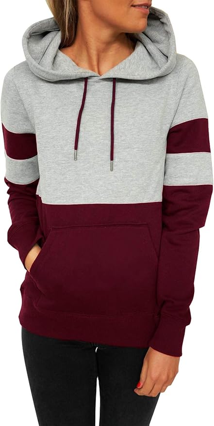 Blooming Jelly Women's Long Sleeve Hoodie Pullover Sweatshirt Patchwork Striped Jumper with Kanga Pocket Top