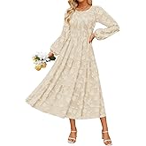 ZESICA Women's Fall Boho Floral Midi Dress 2026 Casual Long Sleeve Crewneck Flowy Wedding Guest Long Dresses