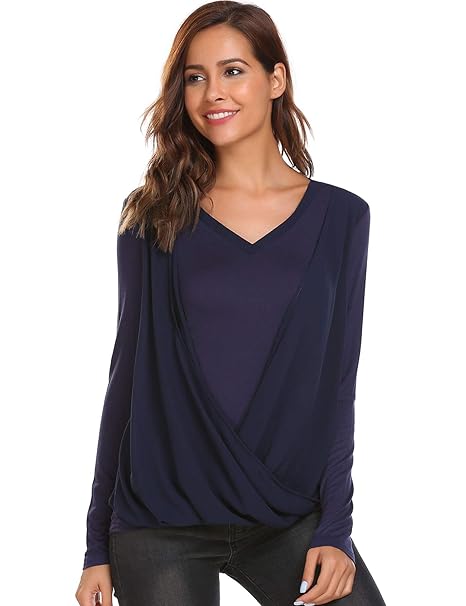 Finejo Damen Casual T-Shirts V Ausschnitt Blusen Rüschen Wickel Tops Langarm Tunika Oberteil