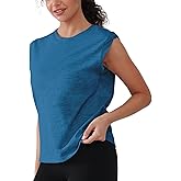 Women's 100% Cotton Tank Tops Sleeveless Workout Tops Yoga Shirts with Rolled Sleeve 4-Way Stretch for Gym Running Causal